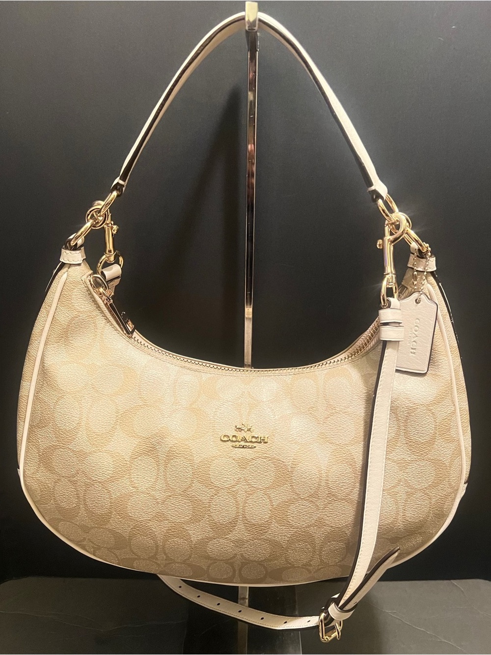 Coach Beige Signature Harley East/West Canvas Crescent Hobo Bag
